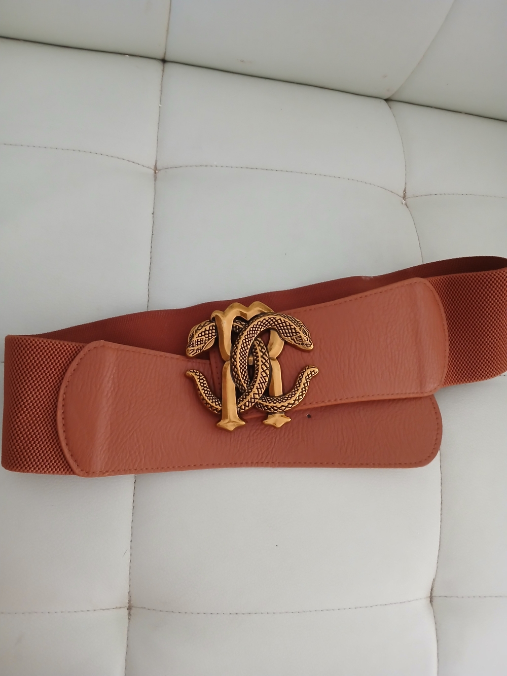 Tan Stretch Belt with Gold Snake Buckle